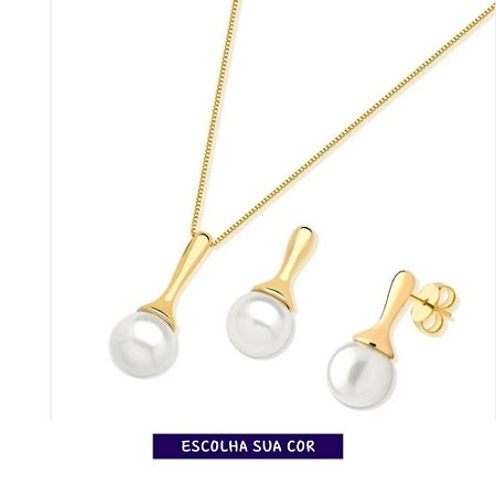 Conjunto colar e brinco pino com pedra redonda banho de ouro - Escolha sua pedra