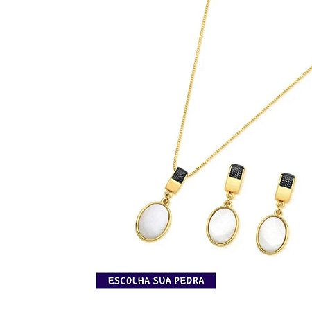 Conjunto colar e brinco com detalhes e pedra gota banho de ouro - Escolha sua pedra