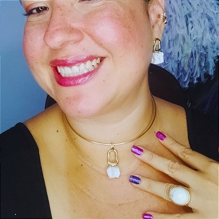 Conjunto de brincos e choker aro com pingente de pedra bruta banho de ouro - Escolha sua pedra