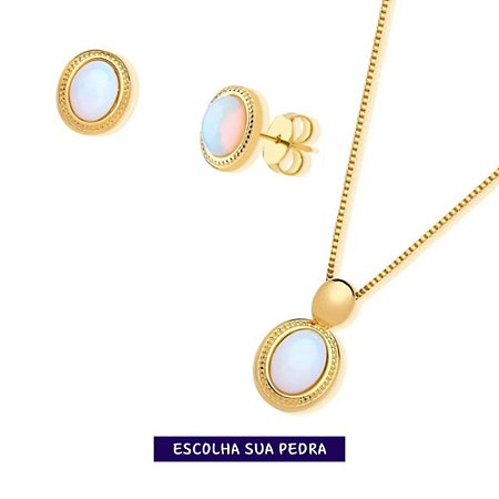 Conjunto de colar e brinco delicado pedra oval  banho de ouro - Escolha sua pedra