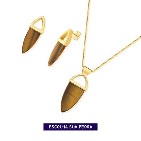 Conjunto colar e brinco de pedra pingente lança banho de ouro - Escolha sua pedra