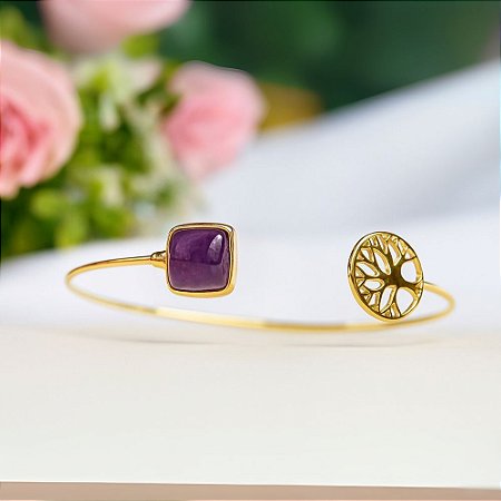 Bracelete Aberto de Árvore da Vida e Pedra Ametista Banhado a Ouro