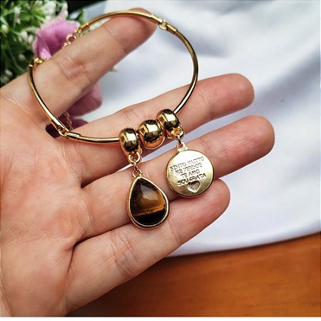 Pulseira com Pingente de Pedra Olho de Tigre e Medalha Ho'oponopono Banhado a Ouro