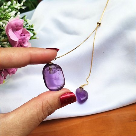 Colar Gravatinha com Pingente de Pedra Natural Ametista Banhado a Ouro