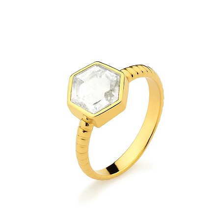 Anel de Pedra Hexagonal Cristal da Rocha Banhado a Ouro