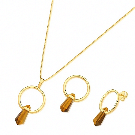 Conjunto com Pingente Redondo e Pedra Olho de Tigre Ponta Lapidada banhado a ouro