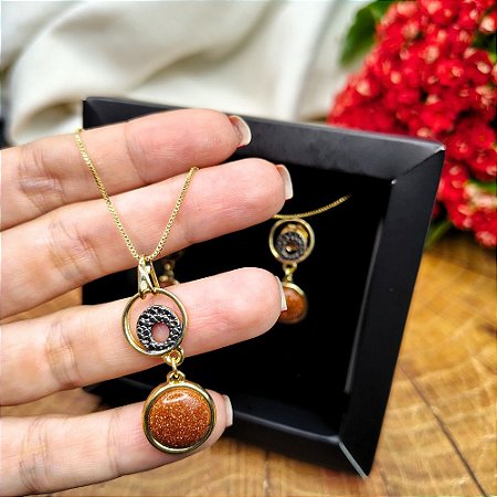 Conjunto de Pedra do Sol com Detalhes em Ródio Negro Banhado a Ouro