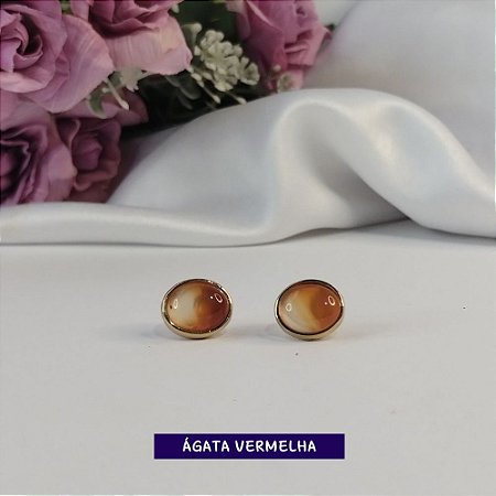 Brinco Pequeno de Pedra Oval Ágata Vermelha Banhado a Ouro
