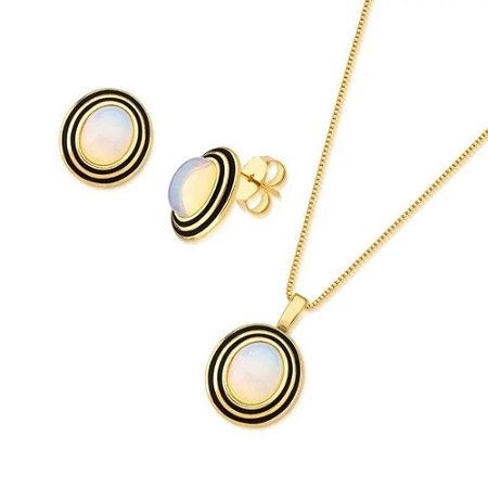 Conjunto de Pedra Redonda Cristal de Rocha com Detalhes Esmaltados Banhado a Ouro