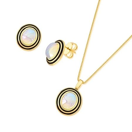 Conjunto de Pedra Redonda Madrepérola com Detalhes Esmaltados Banhado a Ouro