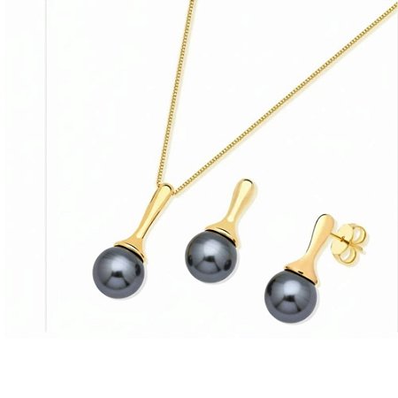 Conjunto Colar e Brinco Pino com Pérola Shell Grafite Banhado a Ouro