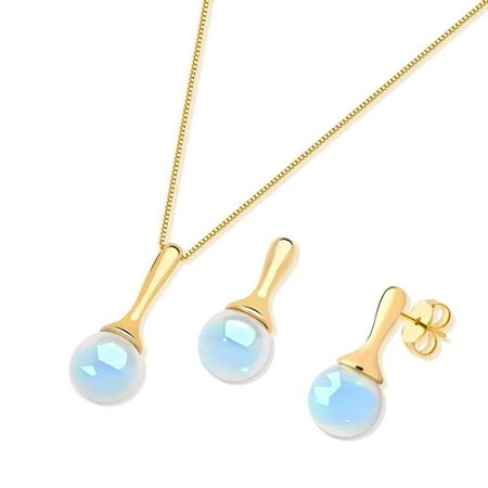 Conjunto Colar e Brinco Pino com Opalina Banhado a Ouro