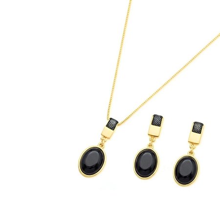 Conjunto Gota de Ágata Preta com Detalhes em Ródio Negro Banhado a Ouro