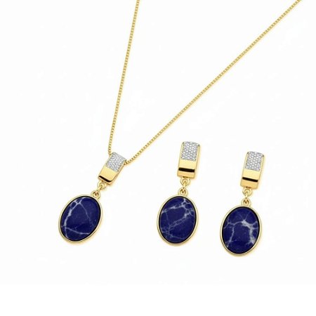 Conjunto Gota de Sodalita com Detalhes em Ródio Branco Banhado a Ouro