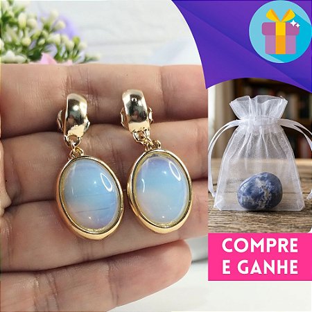 Brinco com Pedra Oval Opalina Banhado a Ouro