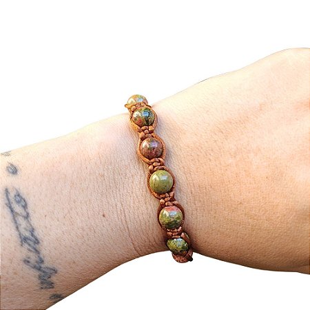 Pulseira de pedra natural Unakita Artesanal de Macramê em Fio de Seda