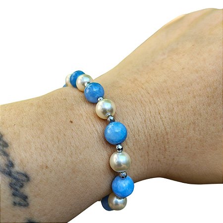 Pulseira de Água-Marinha Natural e Pérolas