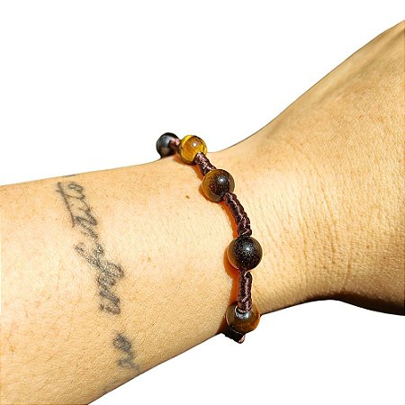 Pulseira de Proteção 7 Nós com Olho de Tigre Natural Fio de Seda