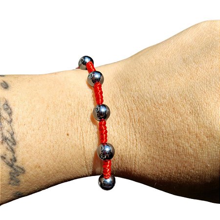 Pulseira de Proteção 7 Nós com Hematita Natural Fio de Seda