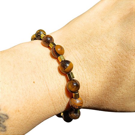 Pulseira de Olho de Tigre Natural com entremeio de Hematita Dourada