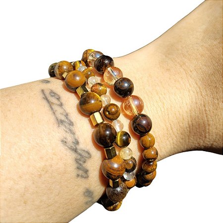 Trio de Pulseiras de Olho de Tigre - Citrino, Cristal e Hematita Dourada