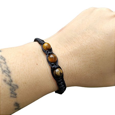 Pulseira Artesanal de Olho de Tigre Natural com 3 Pedras em Fio de Seda