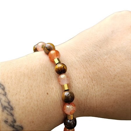 Pulseira de olho de tigre, hematita dourada e contas laranjas - banhadas a ouro