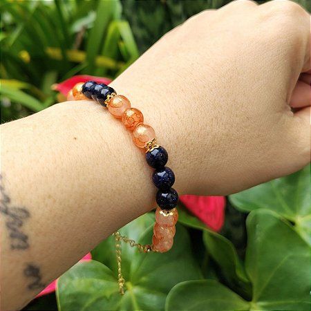 Pulseira de pedra estrela e miçangas laranja detalhes Banhada a Ouro