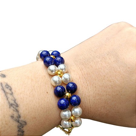 Pulseira Flor de Lápis-Lazúli Natural e Pérolas Banhada a Ouro