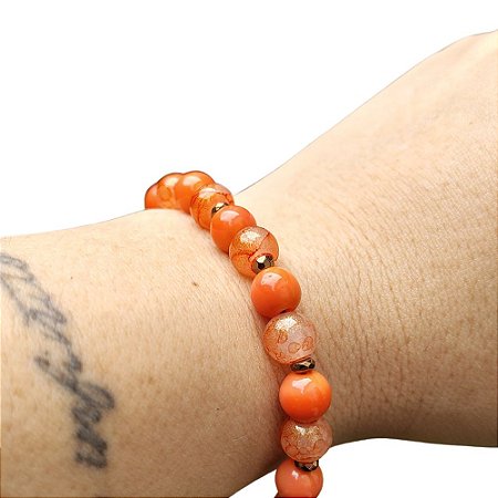 Pulseira Solar de Cristais e Miçangas Laranja Banhada a Ouro