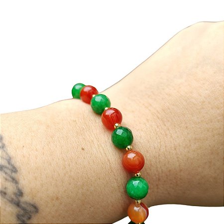 Pulseira de Pedras Naturais Jade Esmeralda Facetada e Ágata Vermelha Banhada a Ouro