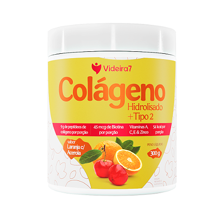 Colágeno Hidrolisado + Colágeno Tipo 2 300g - Sabor Laranja com Acerola - VIDEIRA7