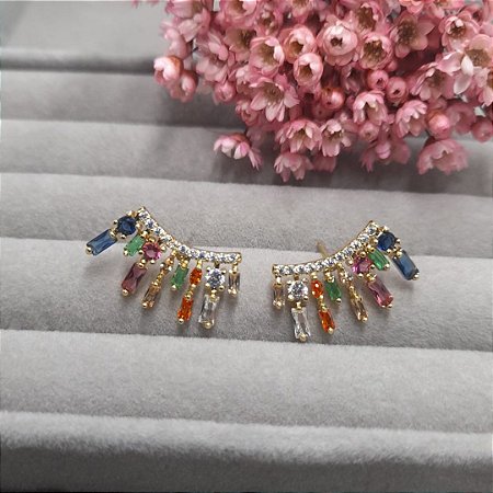 BRINCO EAR CUFF MULTICOLOR BANHADO EM OURO 18K
