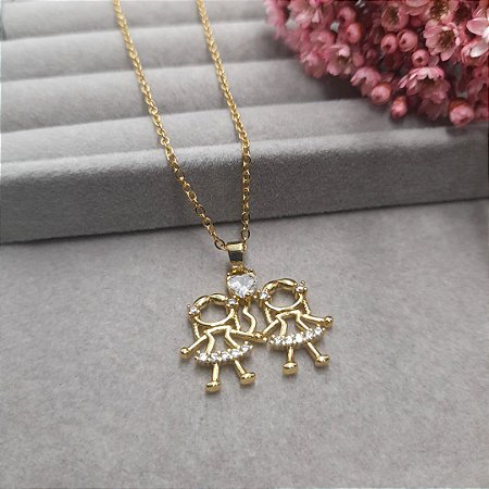 CORRENTE DUAS MENINAS BANHADO EM OURO 18K