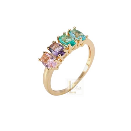 ANEL PEDRAS COLORIDAS BANHADO OURO 18K