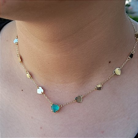 CORRENTE  CORAÇÃO PEDRA VERDE BANHADO EM OURO 18k