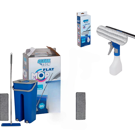 Kit Rodo Flat Mop Balde 2 Refis + Rodo Limpa Vidro Sortido
