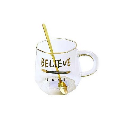 Caneca Believe de Vidro com Colher - 480ml