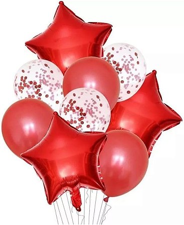 Kit Balão Buquê Estrela e Balão 9 Peças (Vermelho)