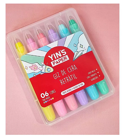 Giz de cera Retrátil Estojo com 6 Unidades Super Macio, Aquarelável Tons Pasteis Cores Vibrantes