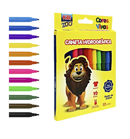Canetinha Hidrográfica  Escolar 12 Cores Vivas Voltas Aulas  - KAZ Zoo
