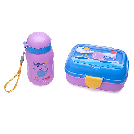 Kit Lanche Fundo Do Mar Garrafa Plástica 500Ml + Marmita 700Ml - Leo&Leo