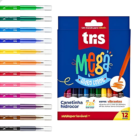 Canetinha 12 Cores Mega Hidro Color Vibrantes Ponta 2.3mm Lavável