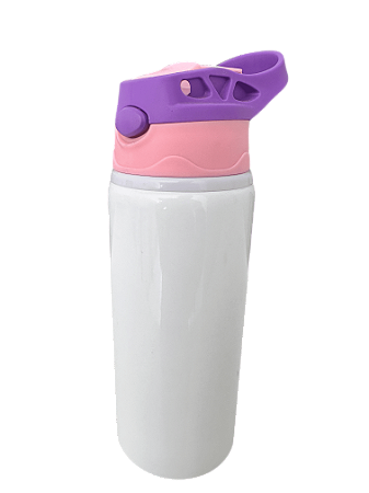 Squeeze de Alumínio Branco Infantil para Sublimação com Bico Automático Tampa Roxa e Rosa - 500ml