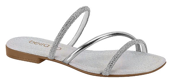 Chinelo Beira Rio Rasteiro 2 Tiras de Cristal e 1 Lisa