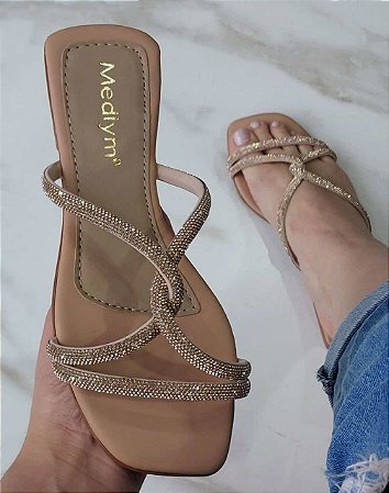 Chinelo Medlym Rasteiro Tiras Cristal Trançadas