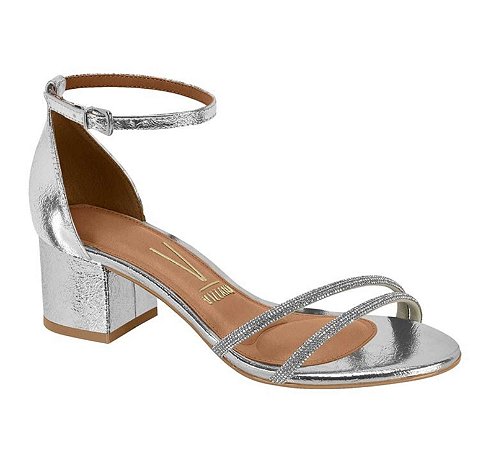 Sandália Vizzano Salto Bloco Baixo Traseiro Fechado Tiras Cristal Metalizado
