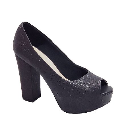 Peep Toe Hellen Suzan Meia Pata Salto Bloco Gliter Preto