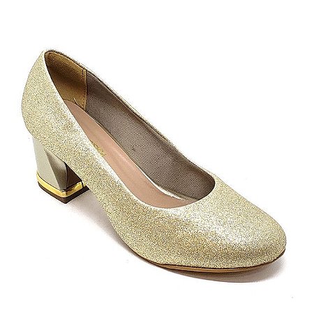Sapato Hellen Suzan Salto Bloco Baixo Gliter Dourado