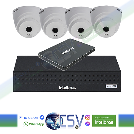 DVR Intelbras 1304 ou 1104-c com SSD 512 GB Intelbras ou HD 1 TB WD Purple + 4 Câmeras VHL1120 720p + Instalação